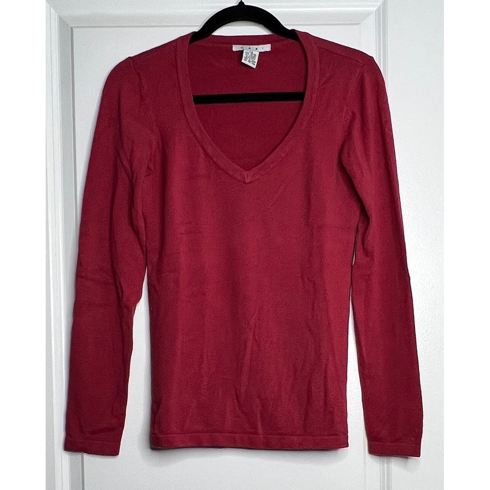 CAbi Womens XS V-Neck Sweater Rose Pink Berry Long Sleeve Fine Knit Pullover 616